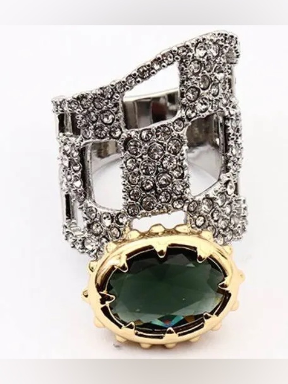 Alexis Bittar Gold-Trim Green Stone Ring with Silver Crystal Band